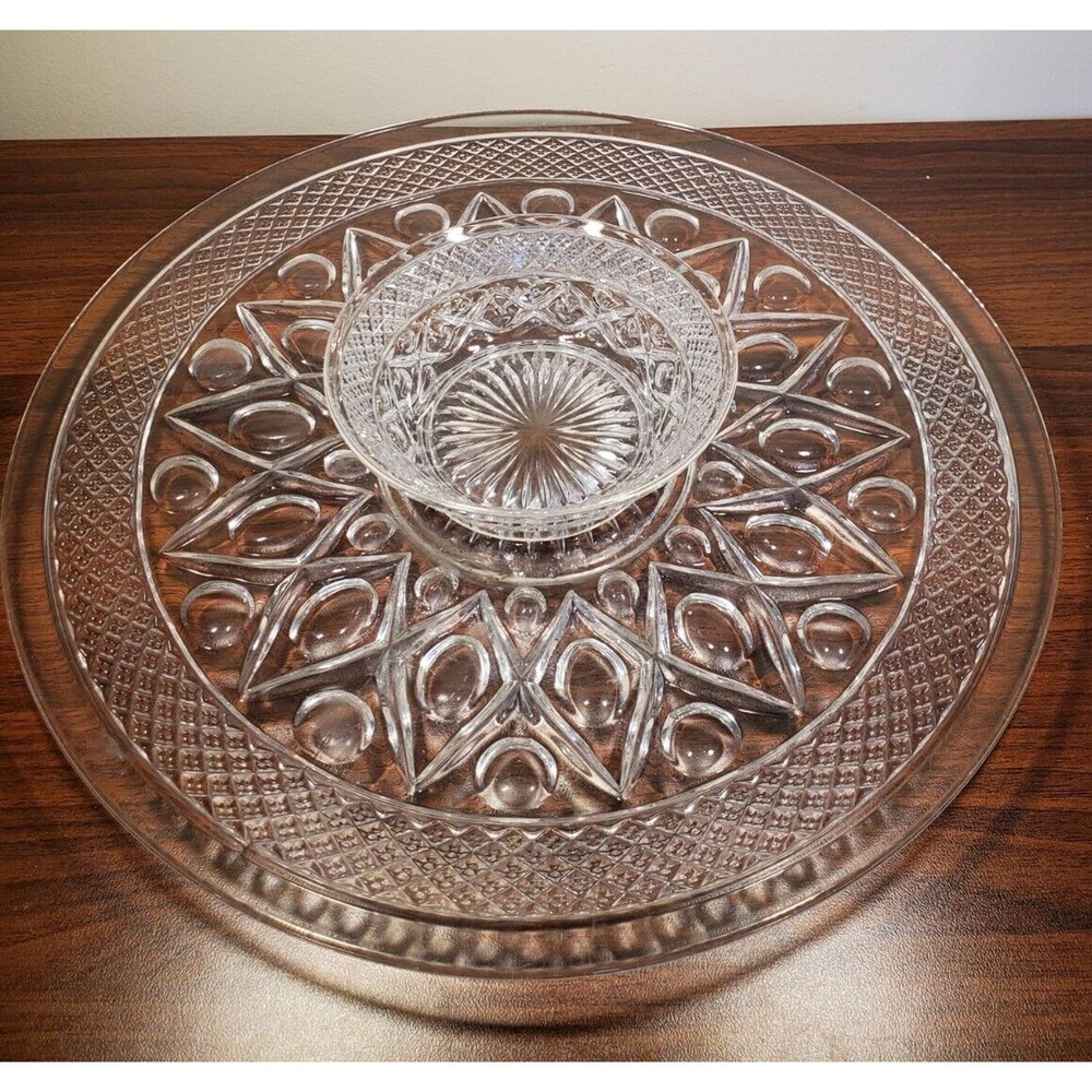 13" IMPERIAL Glass Cape Cod Torte Cake Serving Plate With Center Dip Bowl